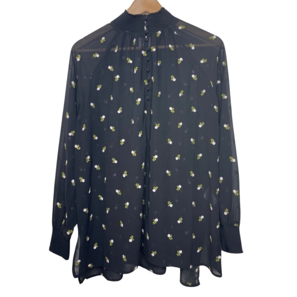 CABI | Black Sheer Long Sleeve Embroidered Mock Neck Floral Blouse | Size S